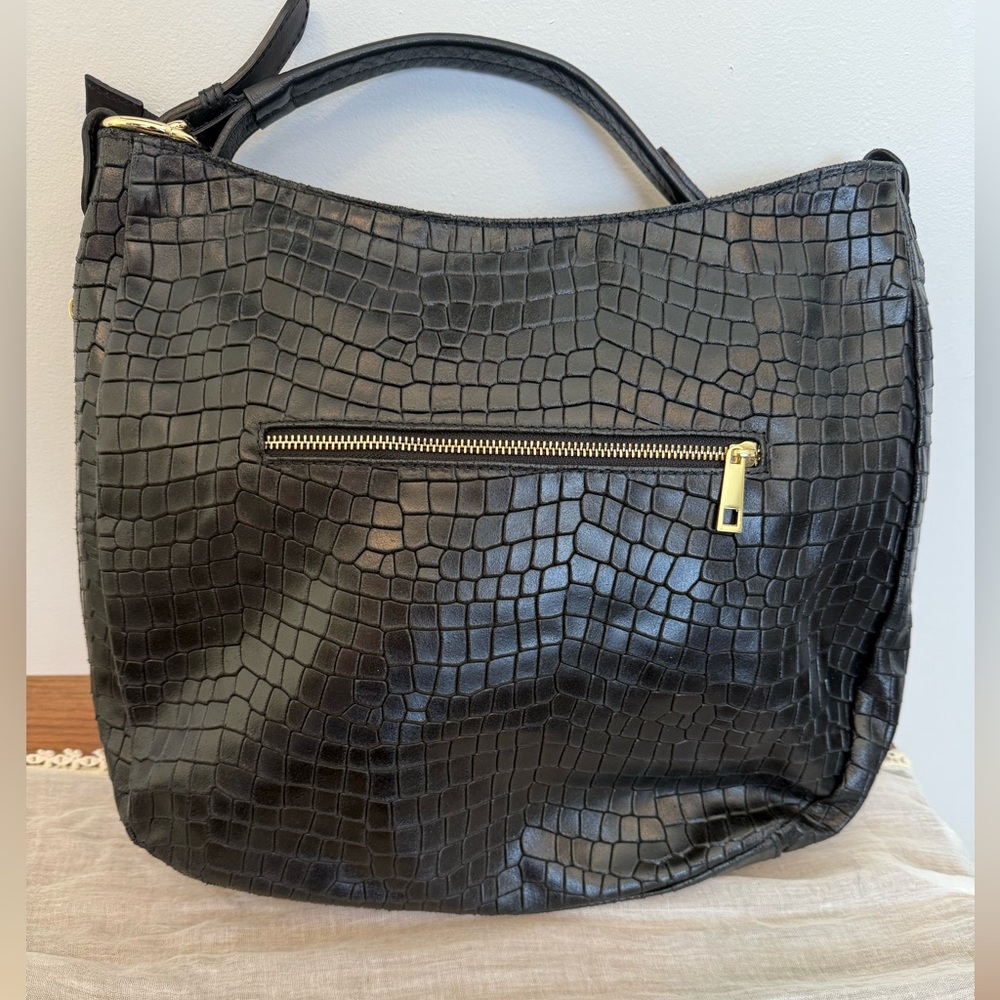 Mia Tomazzi Black Leather Crocodile-Embossed Hobo Shopper Tote Slouchy Bag NWOT
